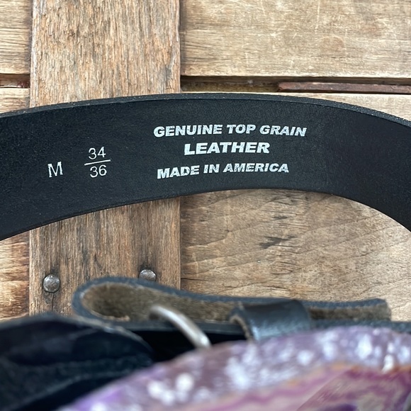 Black Leather Belt with Amethyst Buckle / Size M / Western Style - Picture 2 of 14
